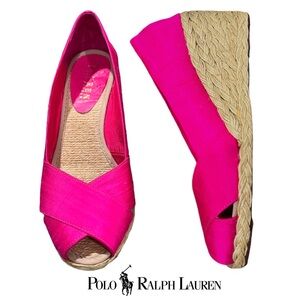 Ralph Lauren Cecilia Espadrilles Sandals, Wedge Heels Pink Shantung Sz 6.5B EUC